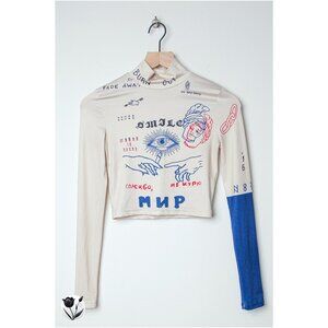 Women Crop Top S Tattoo Print Turtleneck Beige Long Sleeve Russian Slavic Y2K